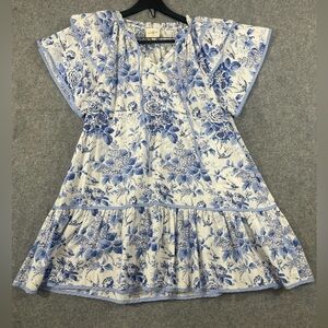 Umgee Women’s Dress Medium blue & white floral toile ruffled sleeves and hem